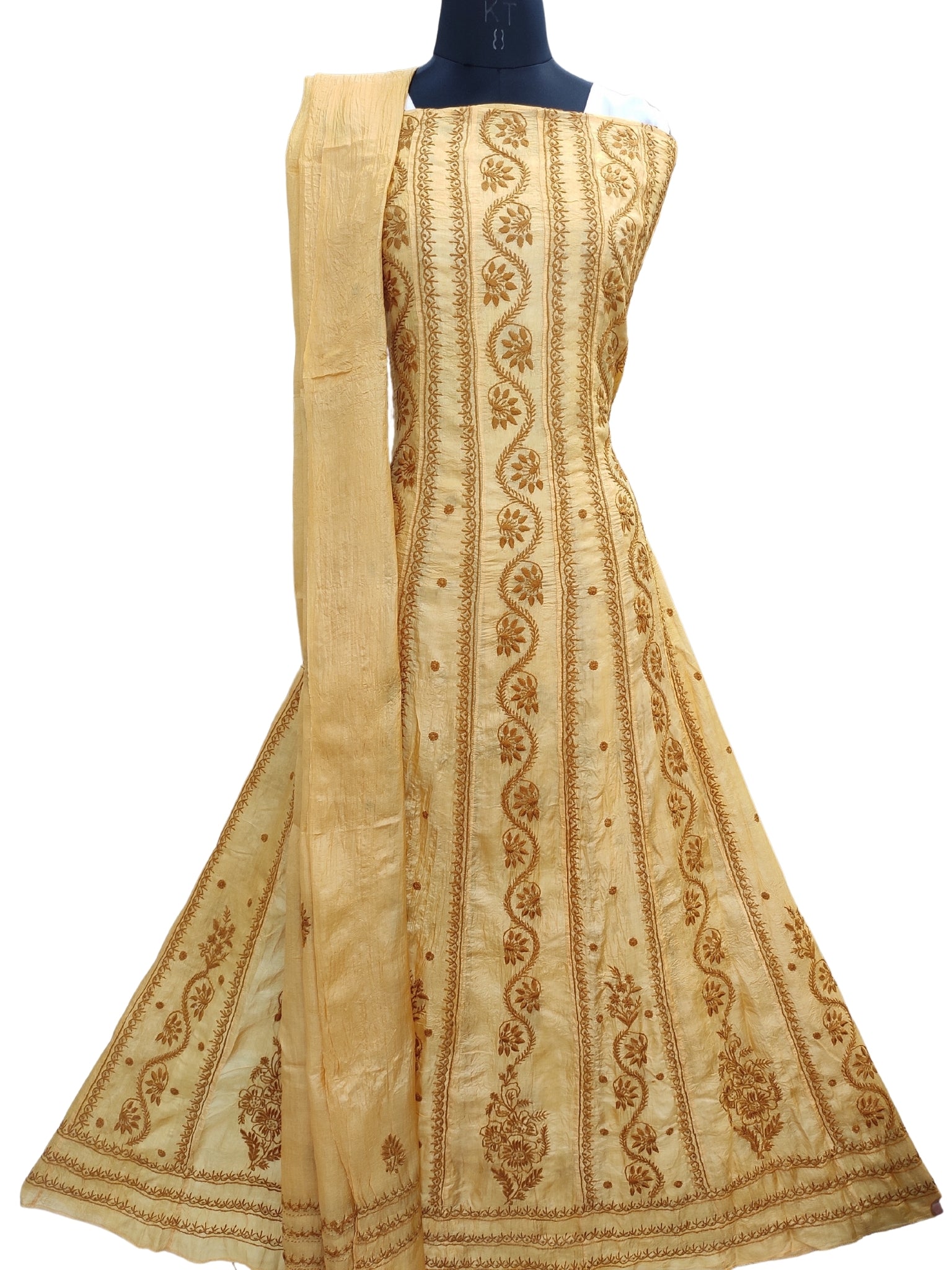 Shyamal Chikan Hand Embroidered Yellow Pure Tusser Silk Lucknowi Chikankari Semi-Stitched Anarkali - S23169