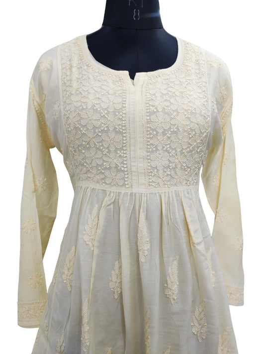Shyamal Chikan Hand Embroidered Yellow Muslin Lucknowi Chikankari Short Top - S20320