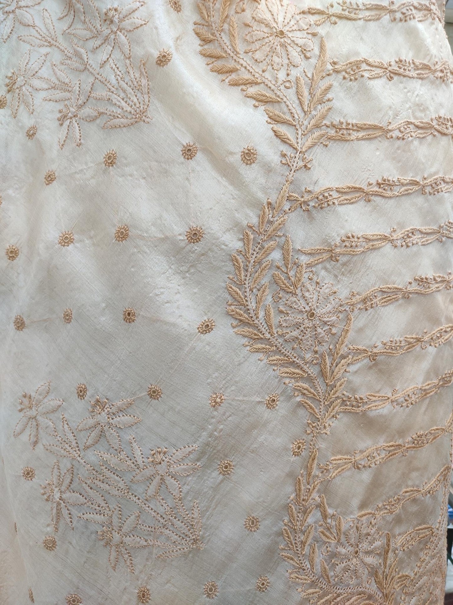 Shyamal Chikan Hand Embroidered Beige Pure Tusser Silk Lucknowi Chikankari Saree With Blouse Piece- S21295
