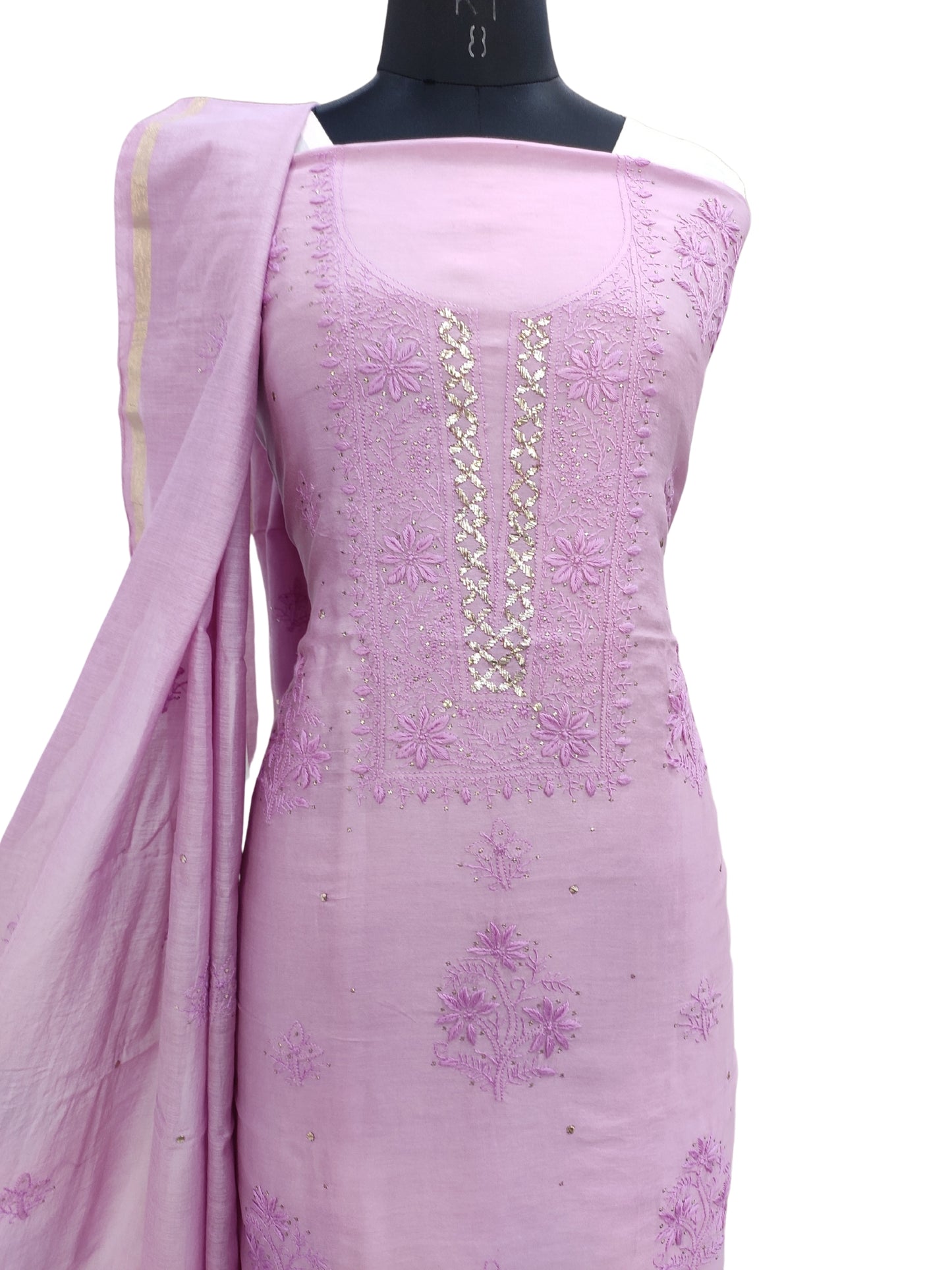 Shyamal Chikan Hand Embroidered Purple Pure Chanderi Silk Lucknowi Chikankari Unstitched Suit Piece With Mukaish Work ( Kurta Dupatta Set ) - S16376