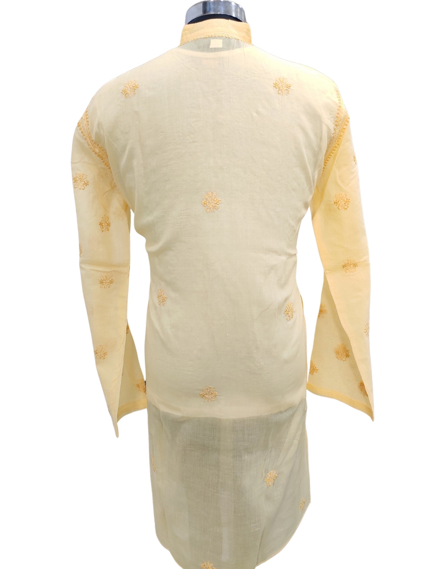 Shyamal Chikan Hand Embroidered Yellow Cotton Lucknowi Chikankari Men's Kurta – S23596