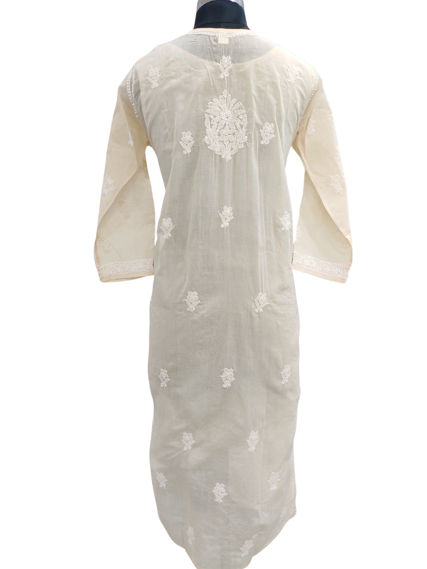 Shyamal Chikan Hand Embroidered Beige Cotton Lucknowi Chikankari Kurti- S21474