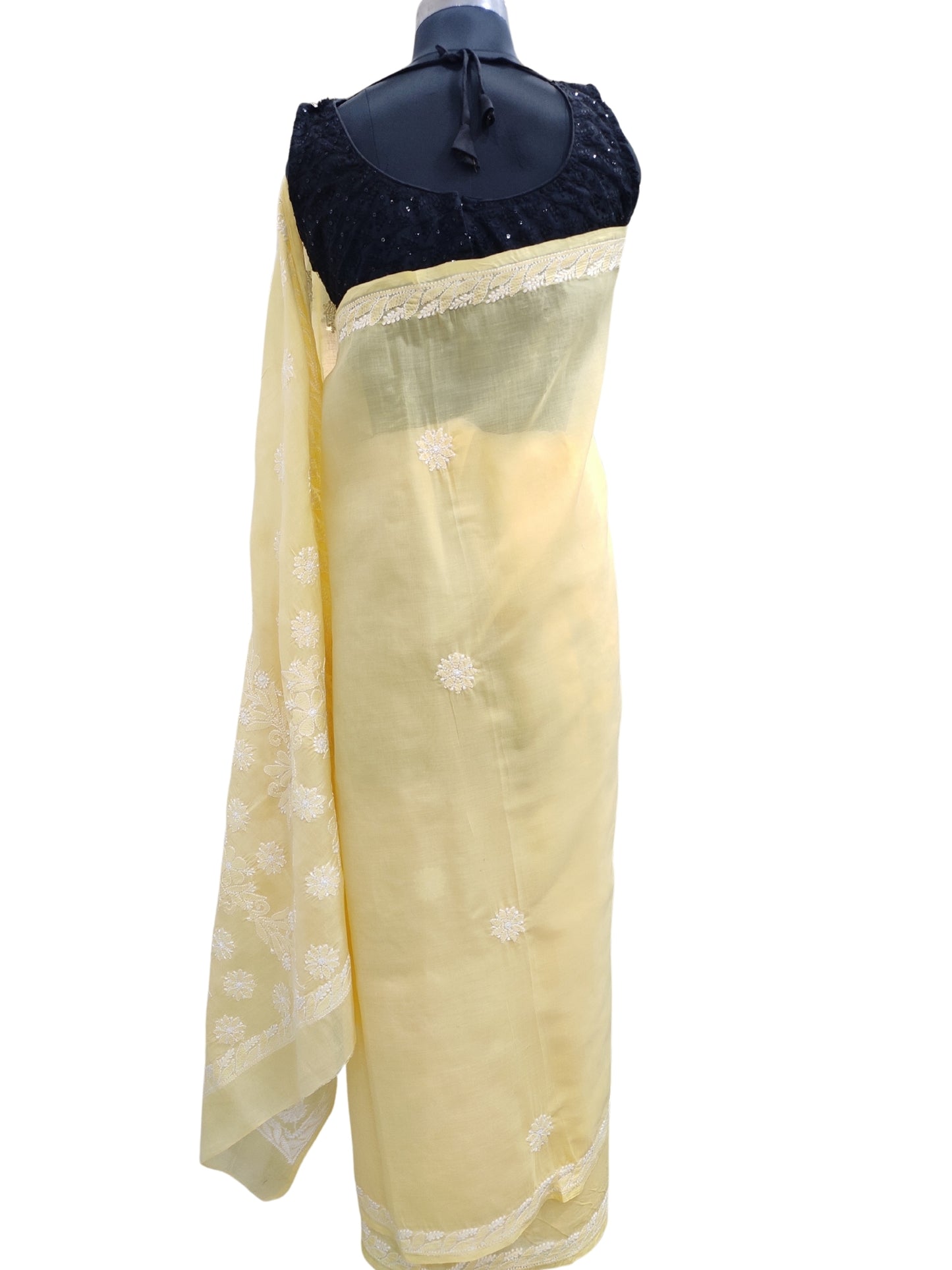 Shyamal Chikan Hand Embroidered Yellow Cotton Lucknowi Chikankari Saree With Blouse Piece- S22518