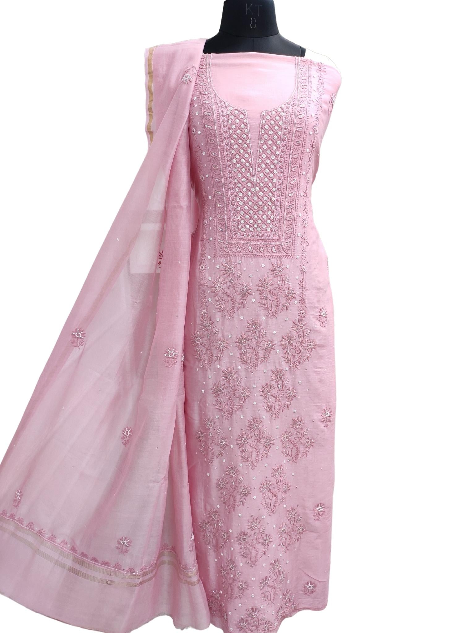 Shyamal Chikan Hand Embroidered Pink Chanderi Lucknowi Chikankari Unstitched Suit Piece with Pearl & Sequin Work (Set of 2) - S19389