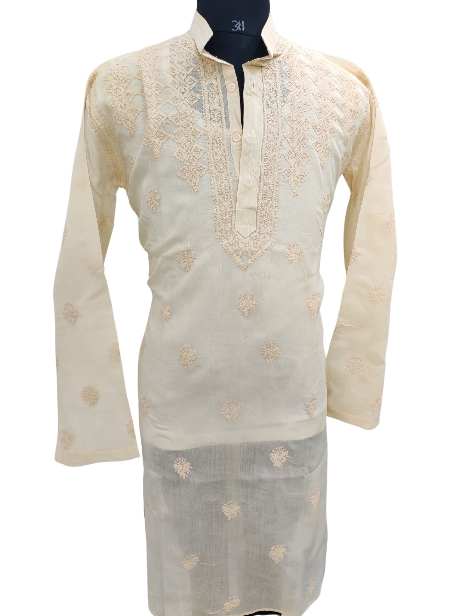 Shyamal Chikan Hand Embroidered Beige Cotton Lucknowi Chikankari Men's Kurta – S23597