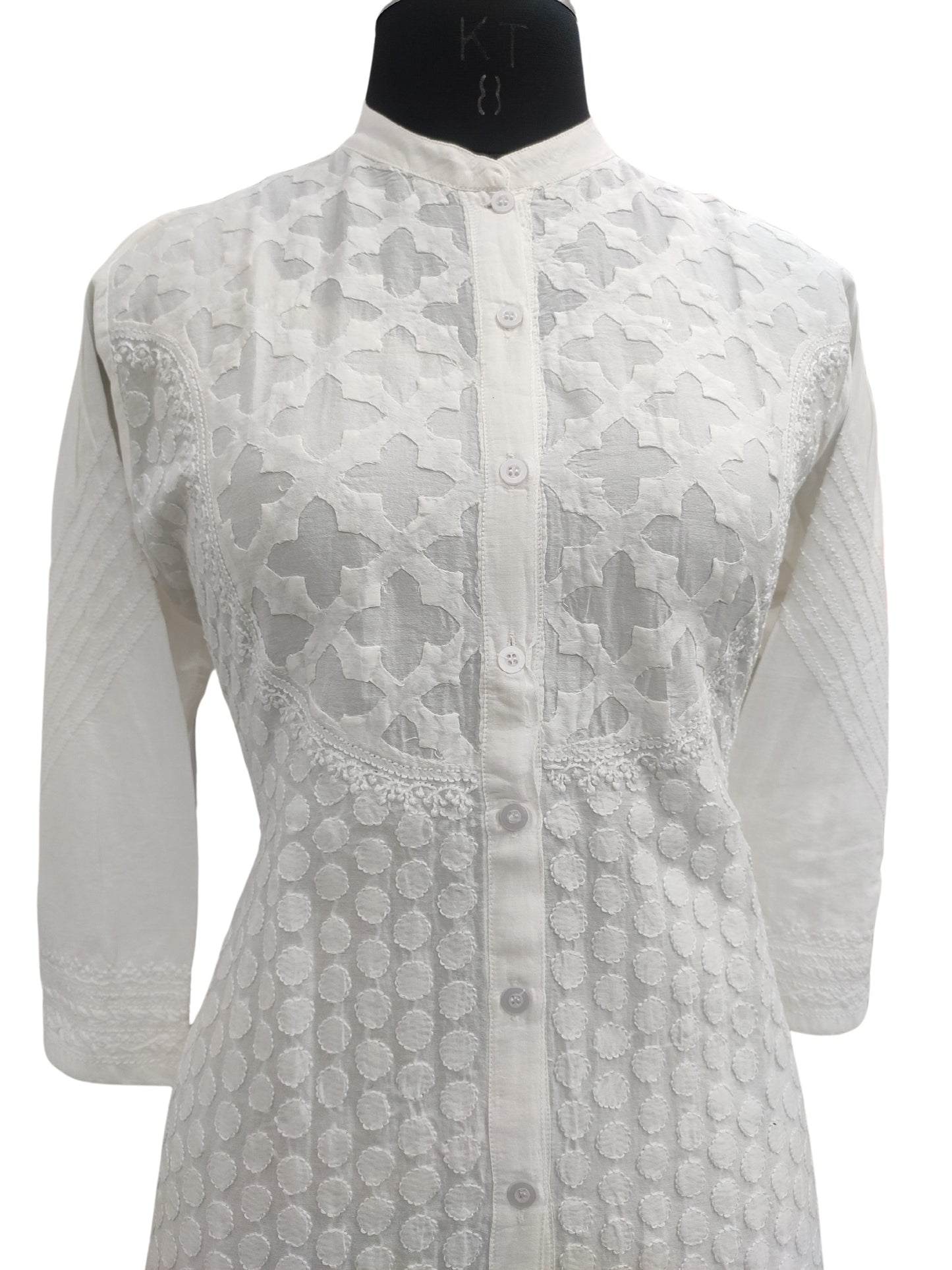 Shyamal Chikan Hand Embroidered White HQ Chanderi Lucknowi Chikankari Short Top With Daraz Work- S25387