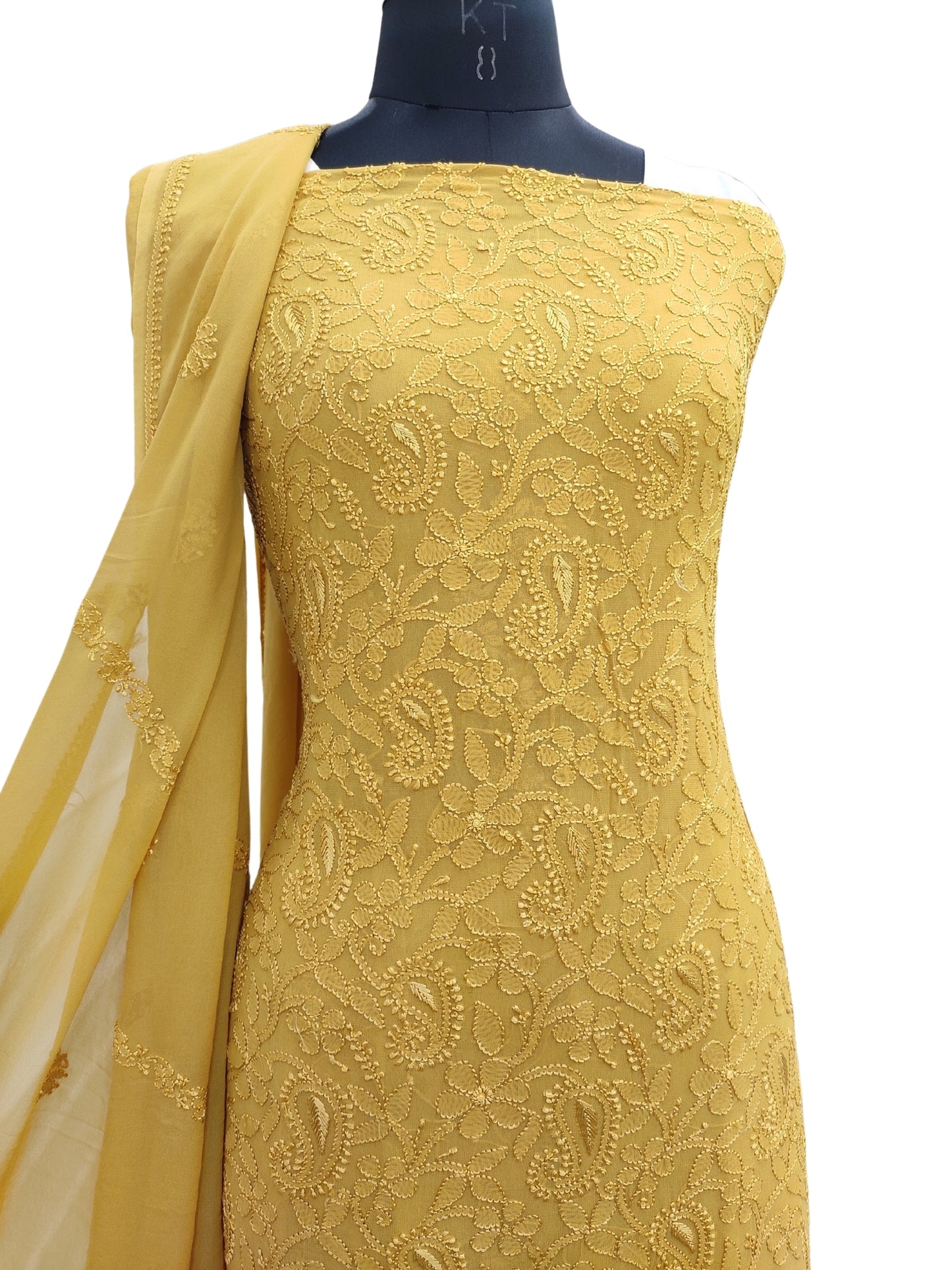 Shyamal Chikan Hand Embroidered Greenish Yellow Viscose Georgette Lucknowi Chikankari Unstitched Suit Piece ( Kurta Dupatta Set ) - 23234