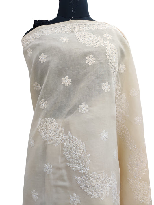 Shyamal Chikan Hand Embroidered Beige Cotton Lucknowi Chikankari Saree With Blouse Piece- S22524
