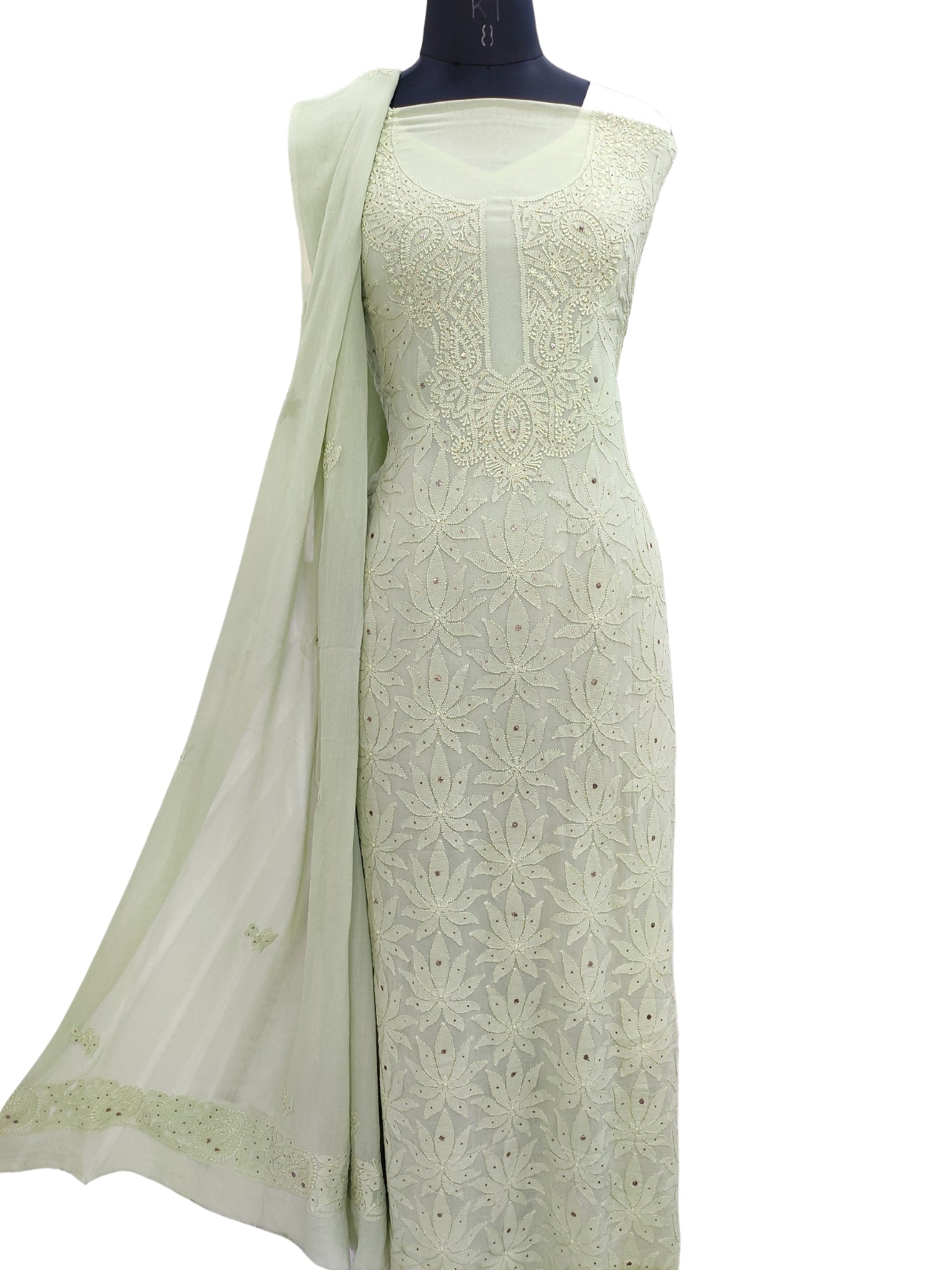 Shyamal Chikan Hand Embroidered Green HQ Viscose Georgette Lucknowi Chikankari Unstitched Suit Piece With Mukaish Work ( Kurta Dupatta Set ) - S17448