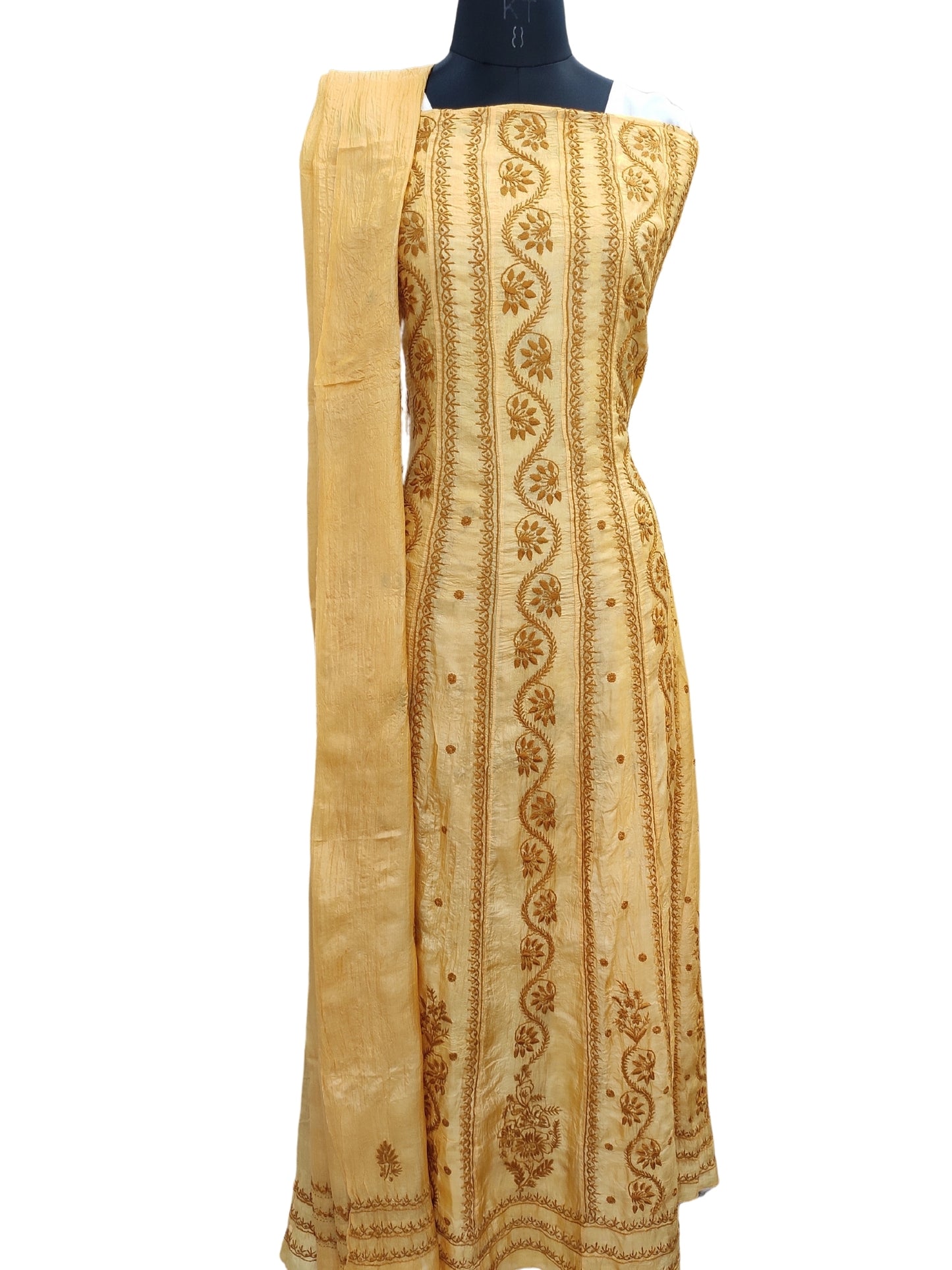 Shyamal Chikan Hand Embroidered Yellow Pure Tusser Silk Lucknowi Chikankari Semi-Stitched Anarkali - S23169