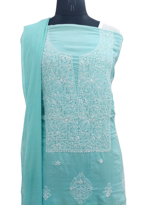 Shyamal Chikan Hand Embroidered Blue Cotton Lucknowi Chikankari Unstitched Suit Piece 24187