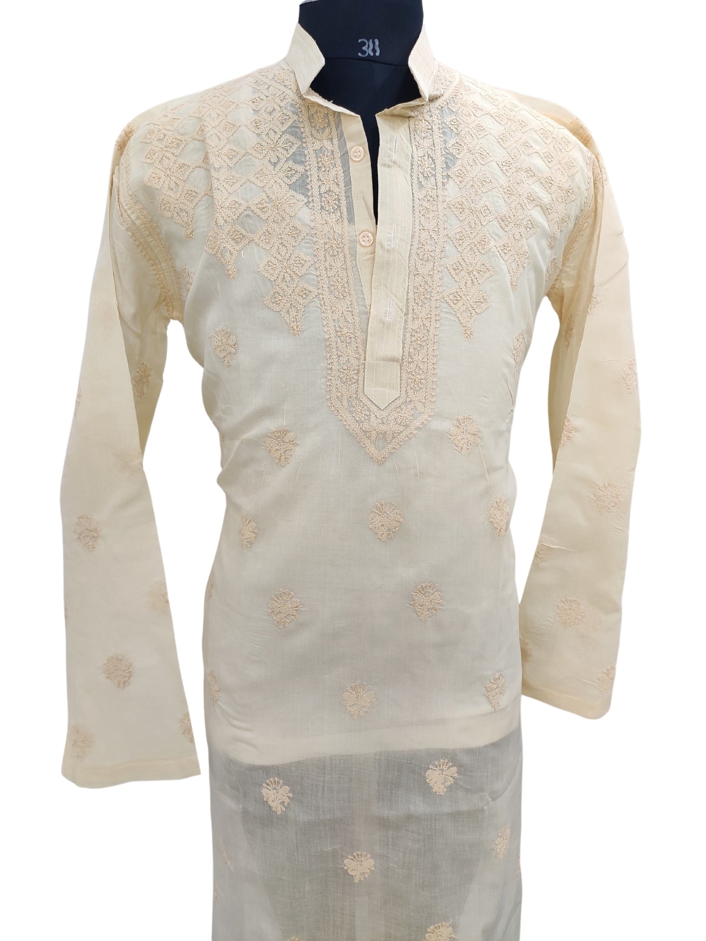 Shyamal Chikan Hand Embroidered Beige Cotton Lucknowi Chikankari Men's Kurta – S23597