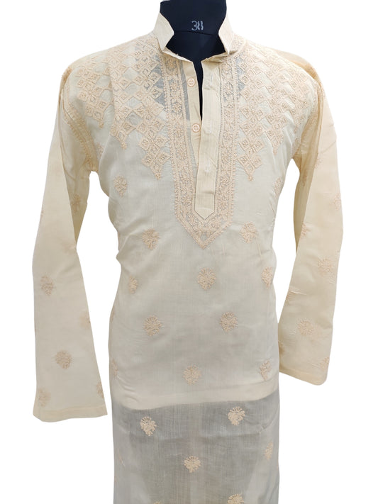 Shyamal Chikan Hand Embroidered Beige Cotton Lucknowi Chikankari Men's Kurta – S23597