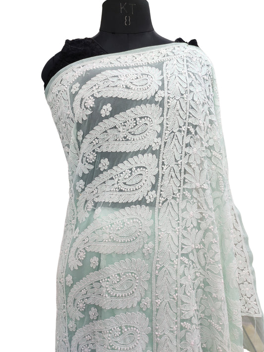 Shyamal Chikan Hand Embroidered Sea Green Georgette Lucknowi Chikankari Shoulder Jaal Saree With Blouse Piece - S26278