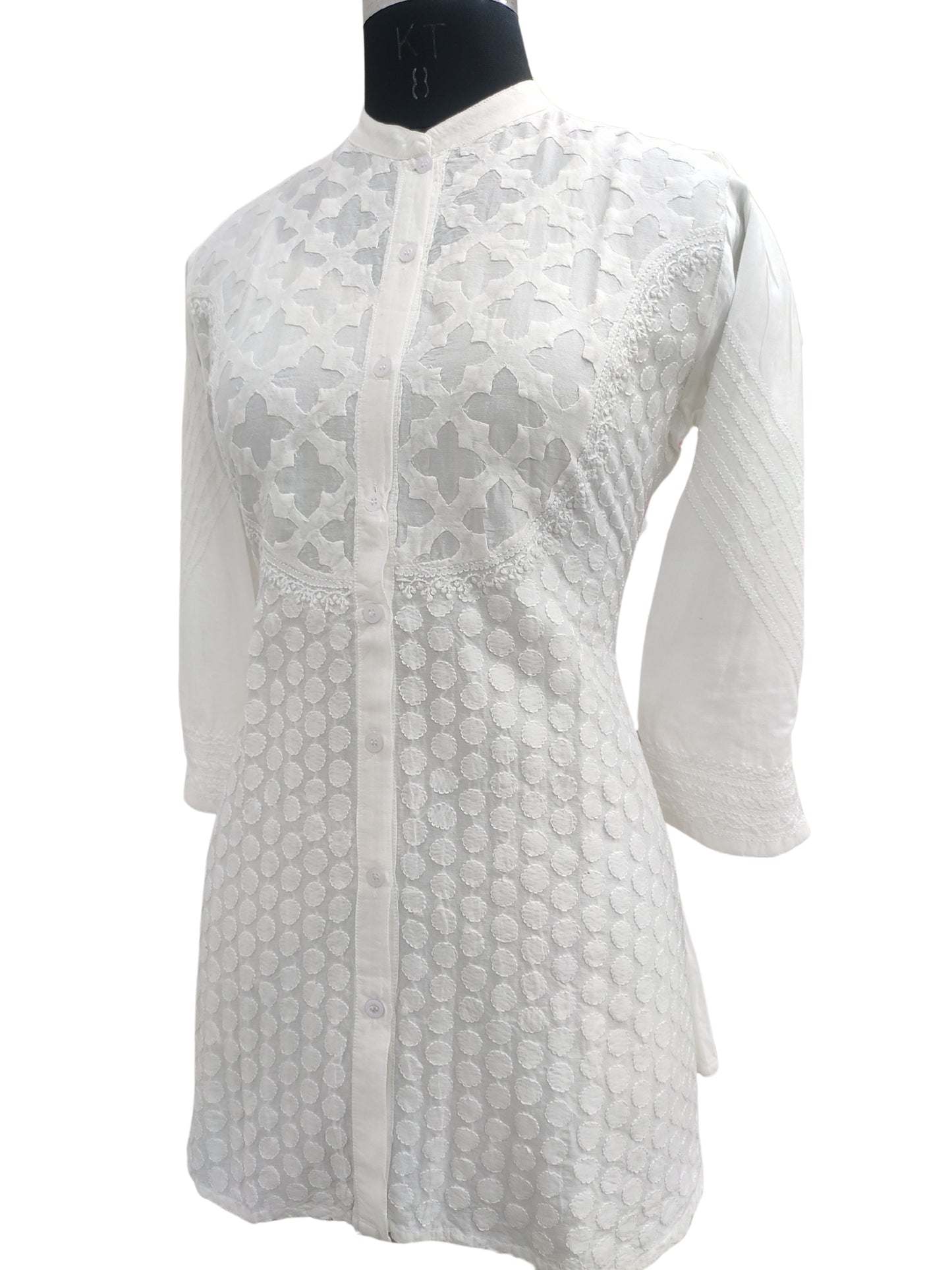 Shyamal Chikan Hand Embroidered White HQ Chanderi Lucknowi Chikankari Short Top With Daraz Work- S25387