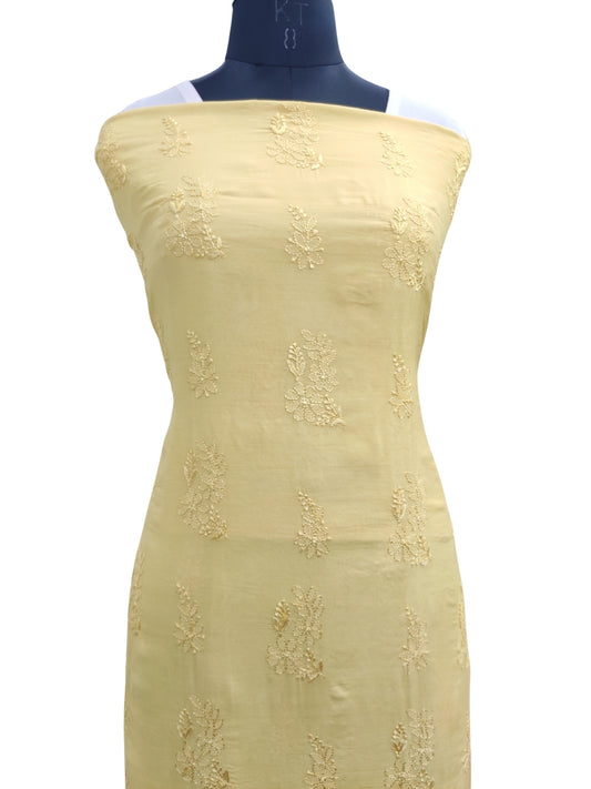 Shyamal Chikan Hand Embroidered Yellow Muslin Lucknowi Chikankari Unstitched Kurta Piece - 23935