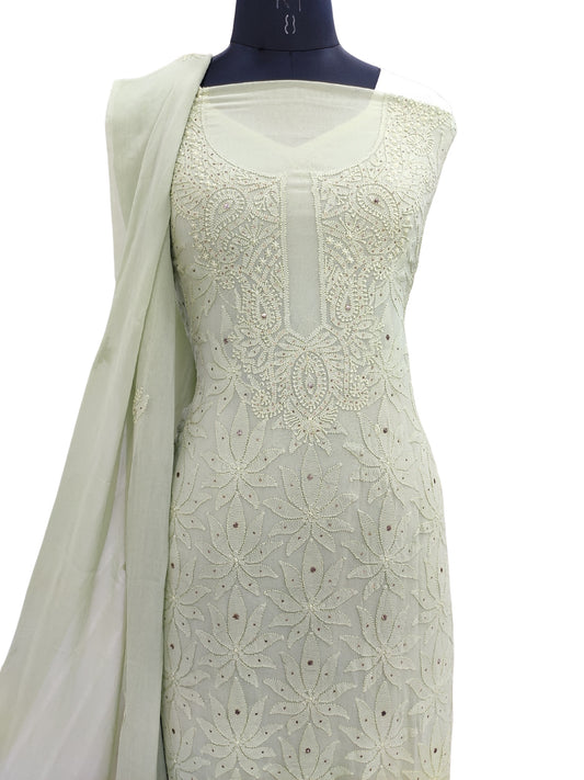 Shyamal Chikan Hand Embroidered Green HQ Viscose Georgette Lucknowi Chikankari Unstitched Suit Piece With Mukaish Work  ( Kurta Dupatta Set ) - S17448