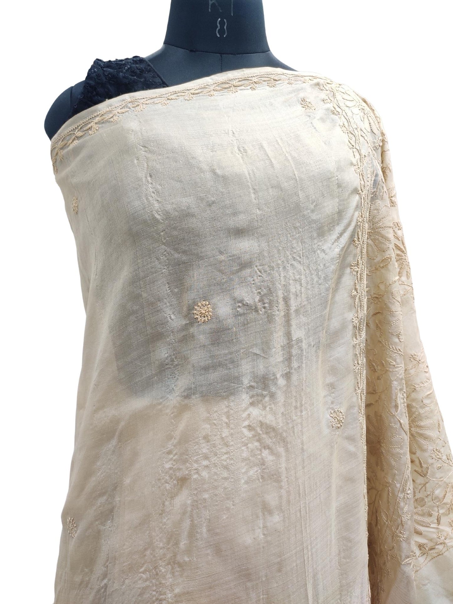 Shyamal Chikan Hand Embroidered Beige Pure Tusser Silk Lucknowi Chikankari Saree With Blouse Piece- S21296