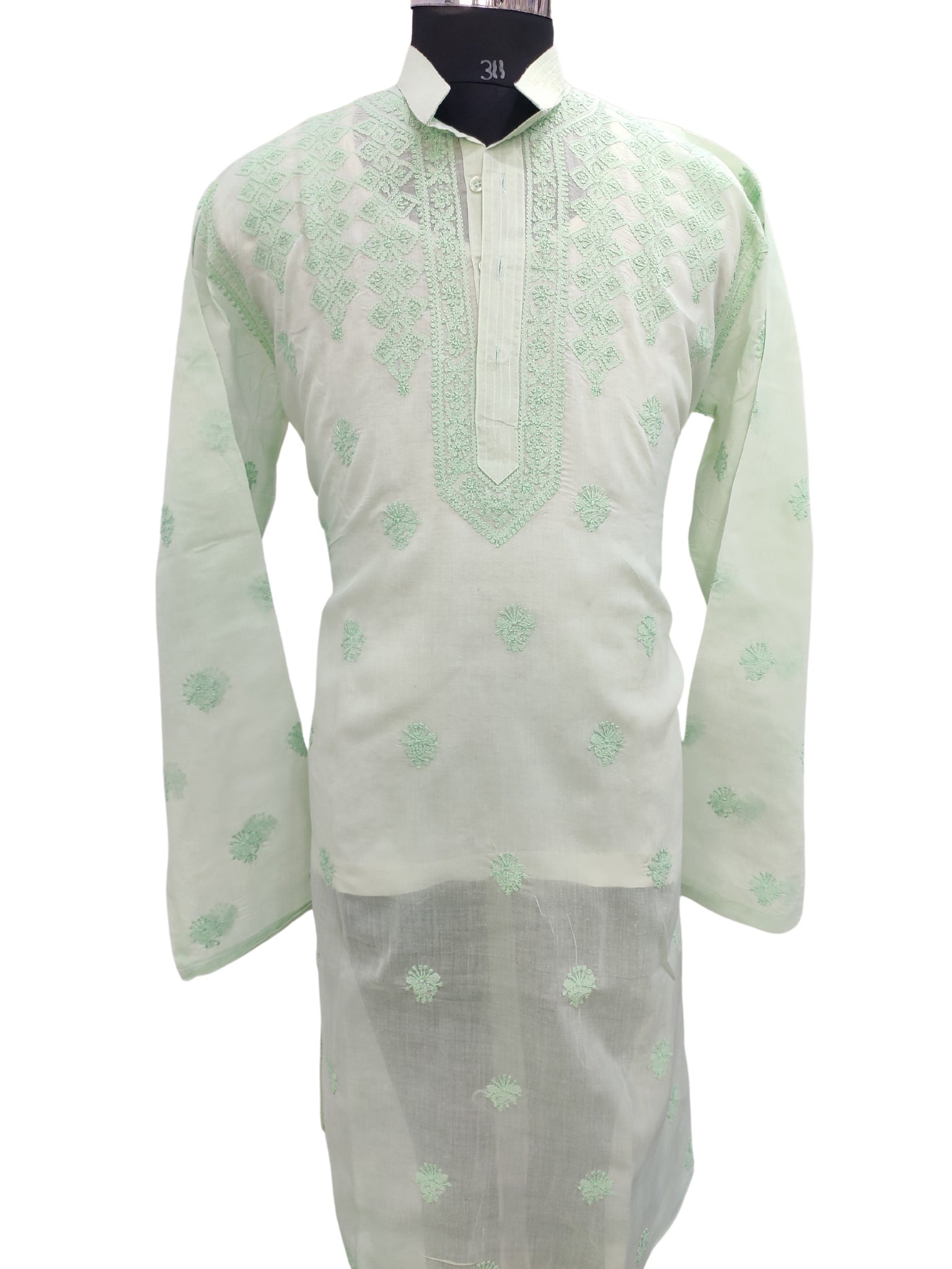 Shyamal Chikan Hand Embroidered green Cotton Lucknowi Chikankari Men's Kurta – S23589