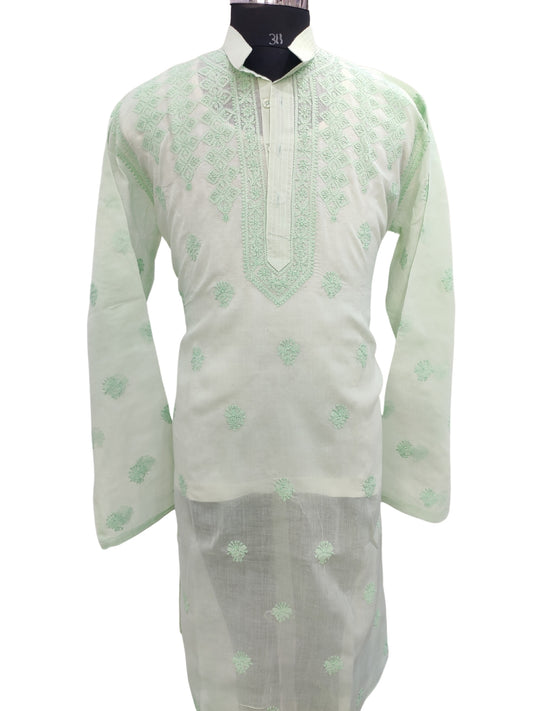 Shyamal Chikan Hand Embroidered green Cotton Lucknowi Chikankari Men's Kurta – S23589