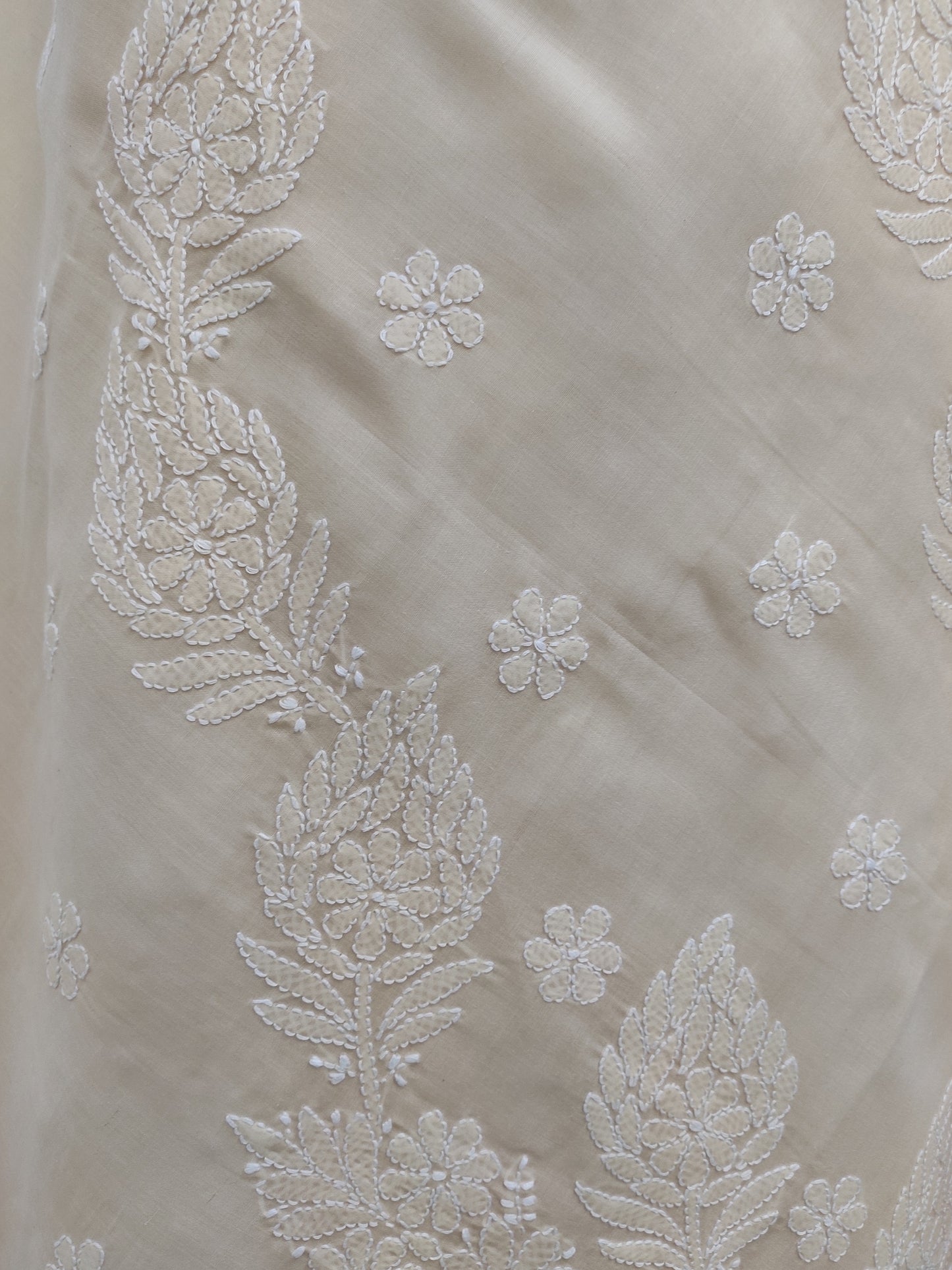 Shyamal Chikan Hand Embroidered Beige Cotton Lucknowi Chikankari Saree With Blouse Piece- S22524