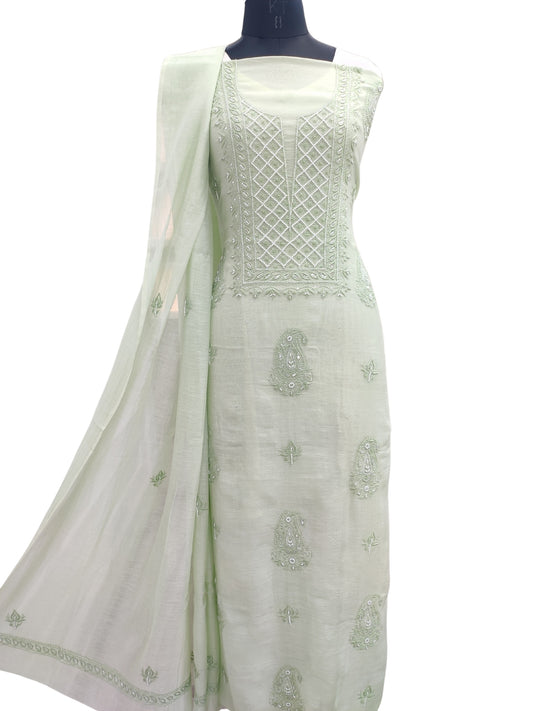 Shyamal Chikan Hand Embroidered Green Mul Chanderi Lucknowi Chikankari Unstitched Suit Piece with Cutdana & Sequin Work (Kurta Dupatta Set) 23892