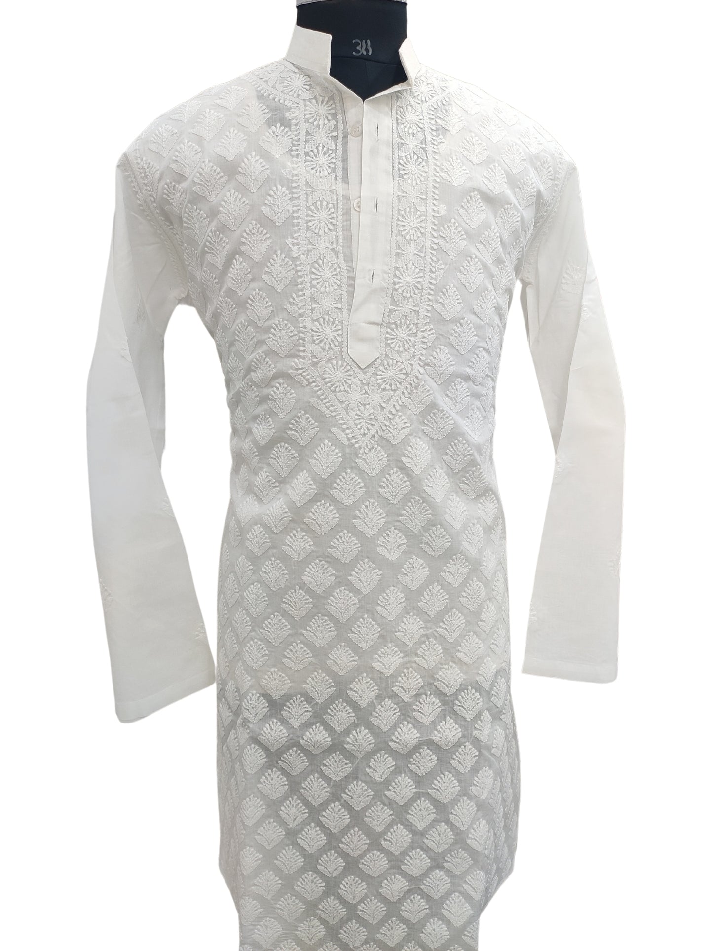 Shyamal Chikan Hand Embroidered White Cotton Lucknowi Chikankari Men's Kurta –S24617