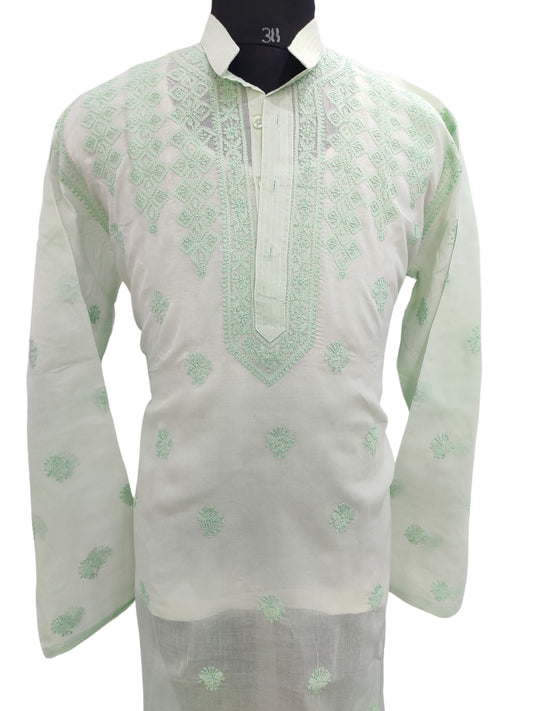 Shyamal Chikan Hand Embroidered Green Cotton Lucknowi Chikankari Men's Kurta – S23589