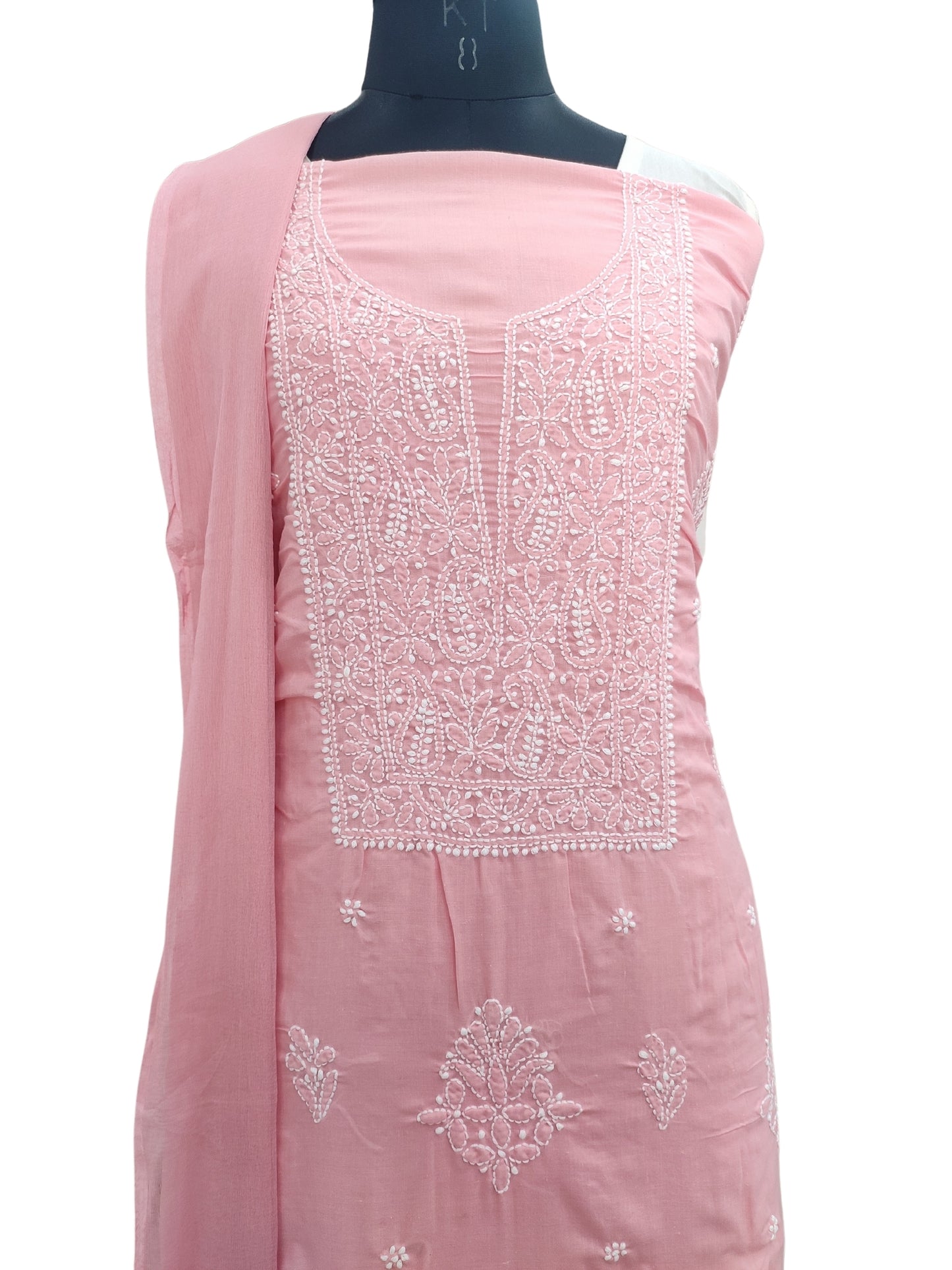 Shyamal Chikan Hand Embroidered Peach Cotton Lucknowi Chikankari Unstitched Suit Piece - S24186