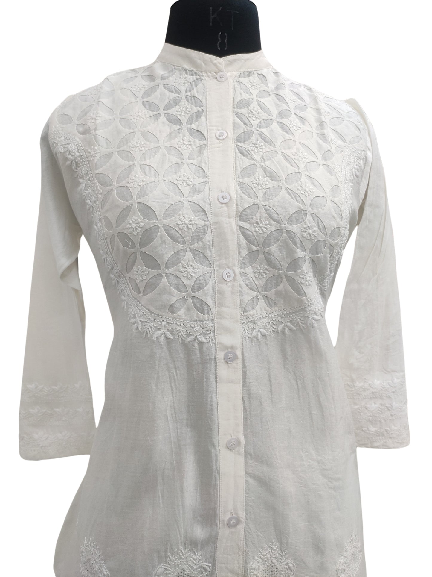 Shyamal Chikan Hand Embroidered White HQ Chanderi Lucknowi Chikankari Short Top With Daraz Work- S25388