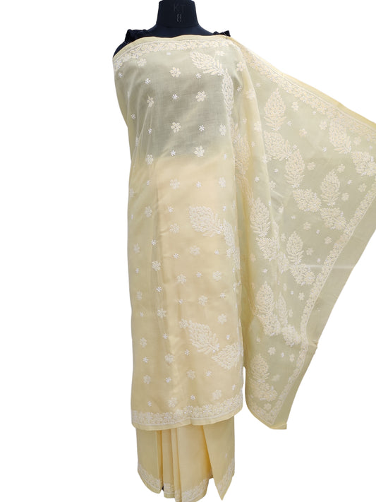 Shyamal Chikan Hand Embroidered Yellow Cotton Lucknowi Chikankari Saree With Blouse Piece- S22510