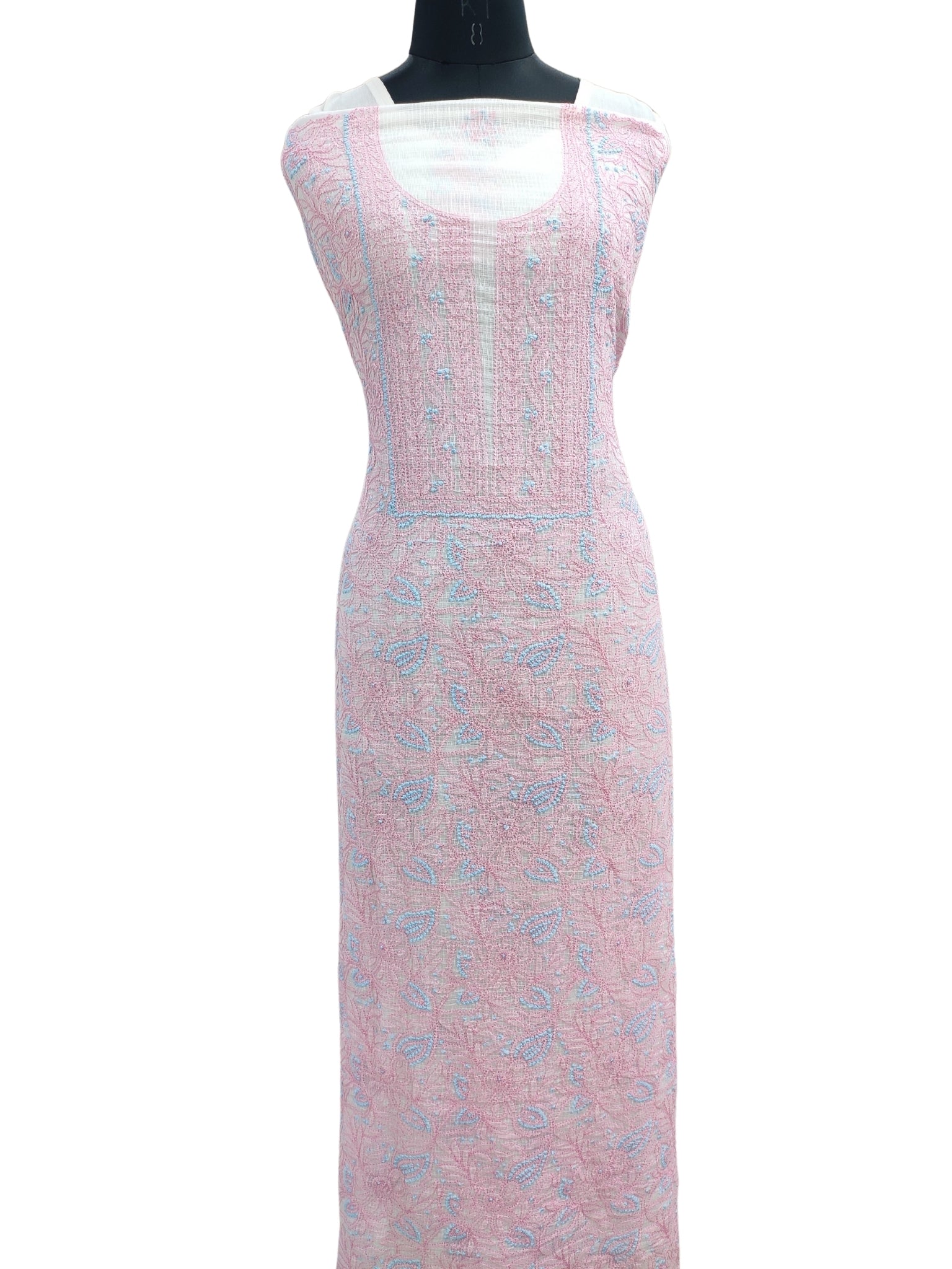 Shyamal Chikan Hand Embroidered Pink Kota Lucknowi Chikankari Unstitched Kurta Piece- 23844