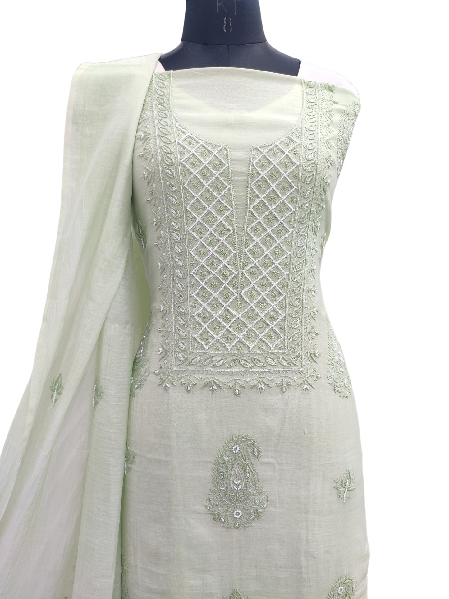 Shyamal Chikan Hand Embroidered Green Mul Chanderi Lucknowi Chikankari Unstitched Suit Piece with Cutdana & Sequin Work (Kurta Dupatta Set) 23892