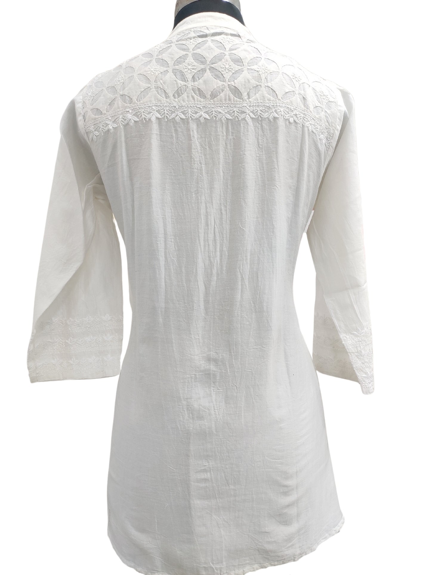 Shyamal Chikan Hand Embroidered White HQ Chanderi Lucknowi Chikankari Short Top With Daraz Work- S25388