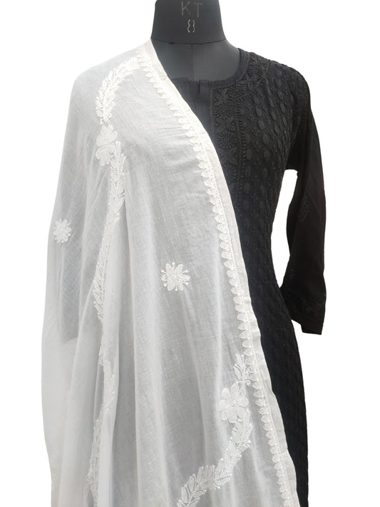 Shyamal Chikan Hand Embroidered White Malmal Cotton Lucknowi Chikankari Dupatta - S26789