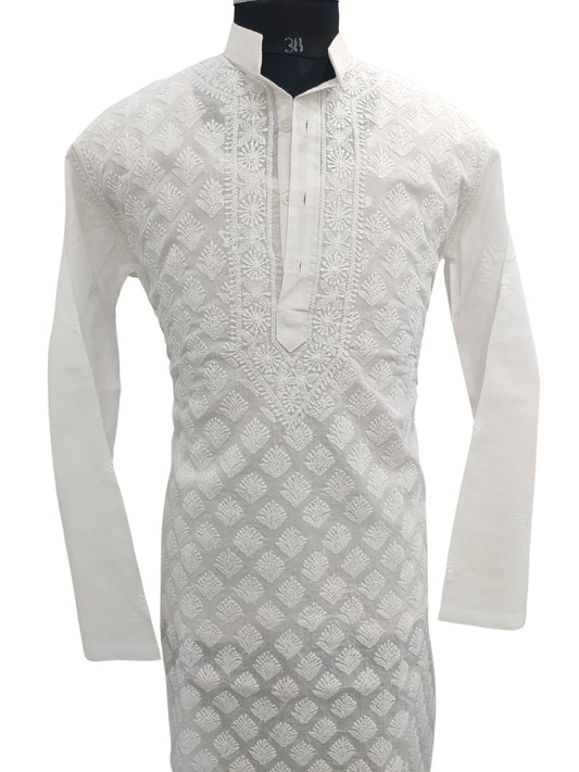 Shyamal Chikan Hand Embroidered White Cotton Lucknowi Chikankari Men's Kurta –S24617