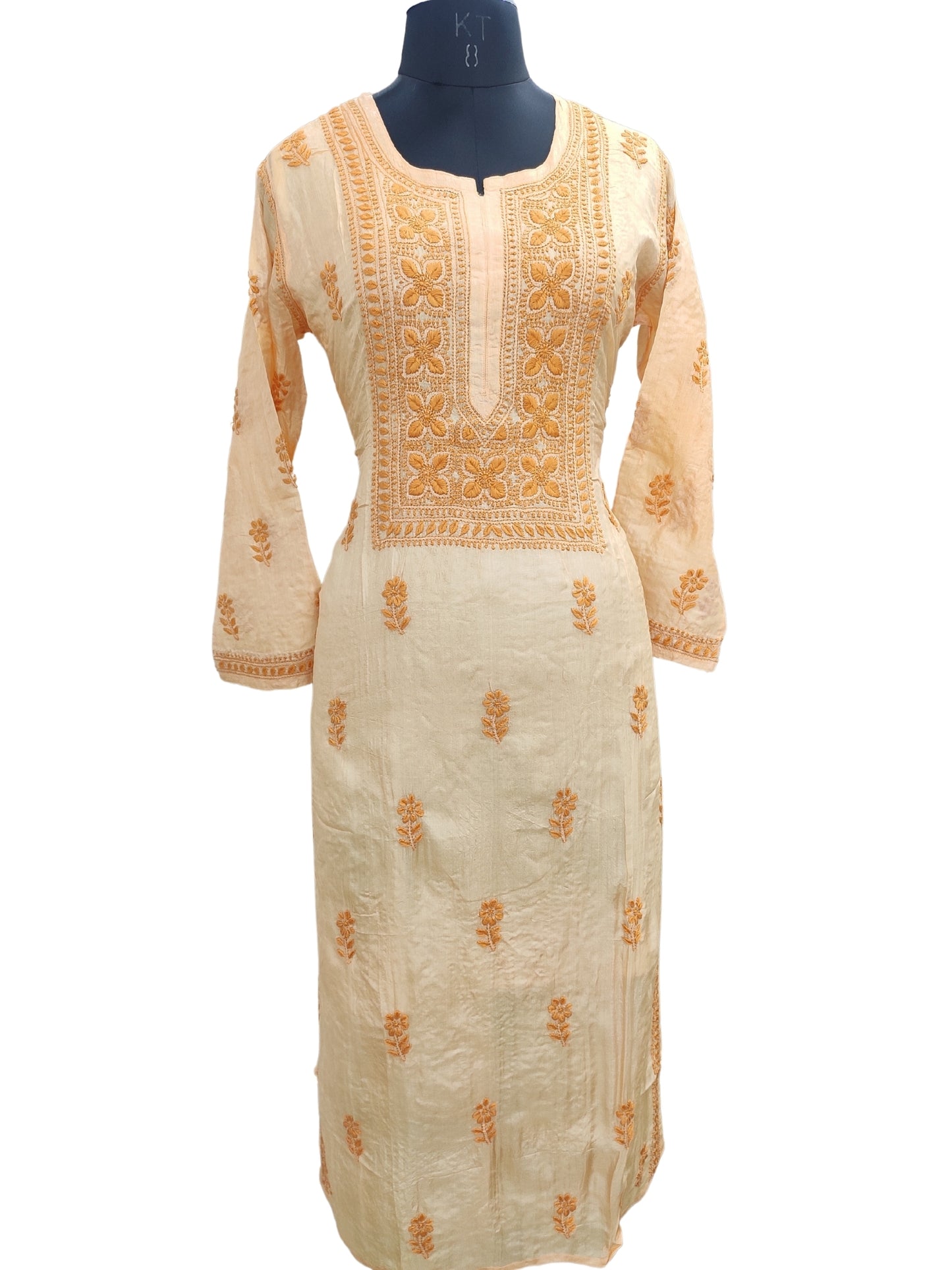 Shyamal Chikan Hand Embroidered Yellow Pure Tusser Silk Lucknowi Chikankari Kurti- S24414