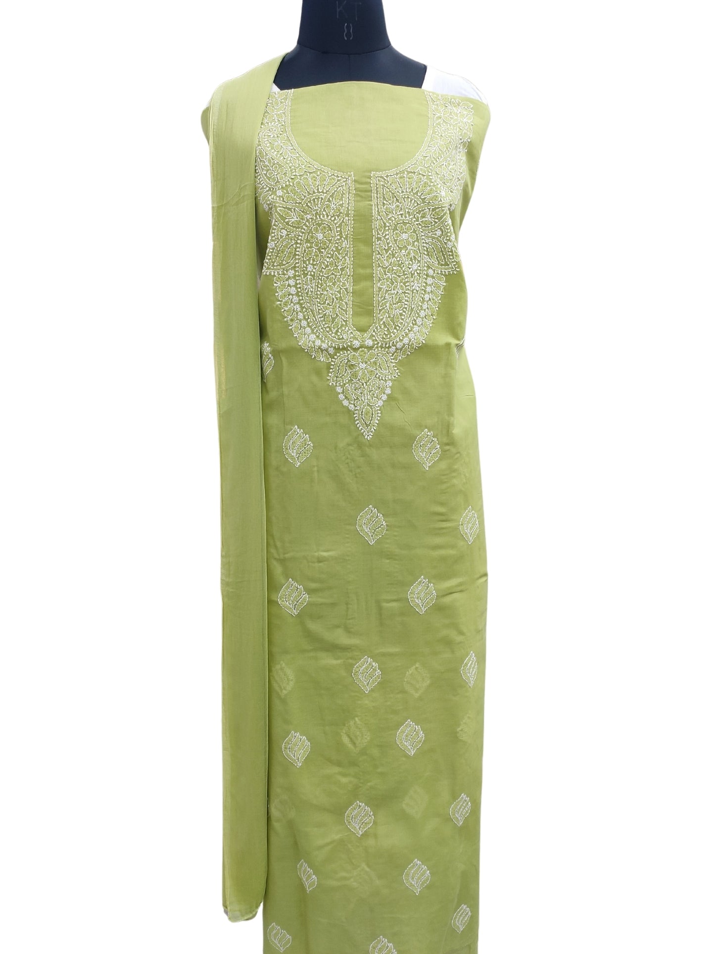 Shyamal Chikan Hand Embroidered Green Cotton Lucknowi Chikankari Unstitched Suit Piece - S24745