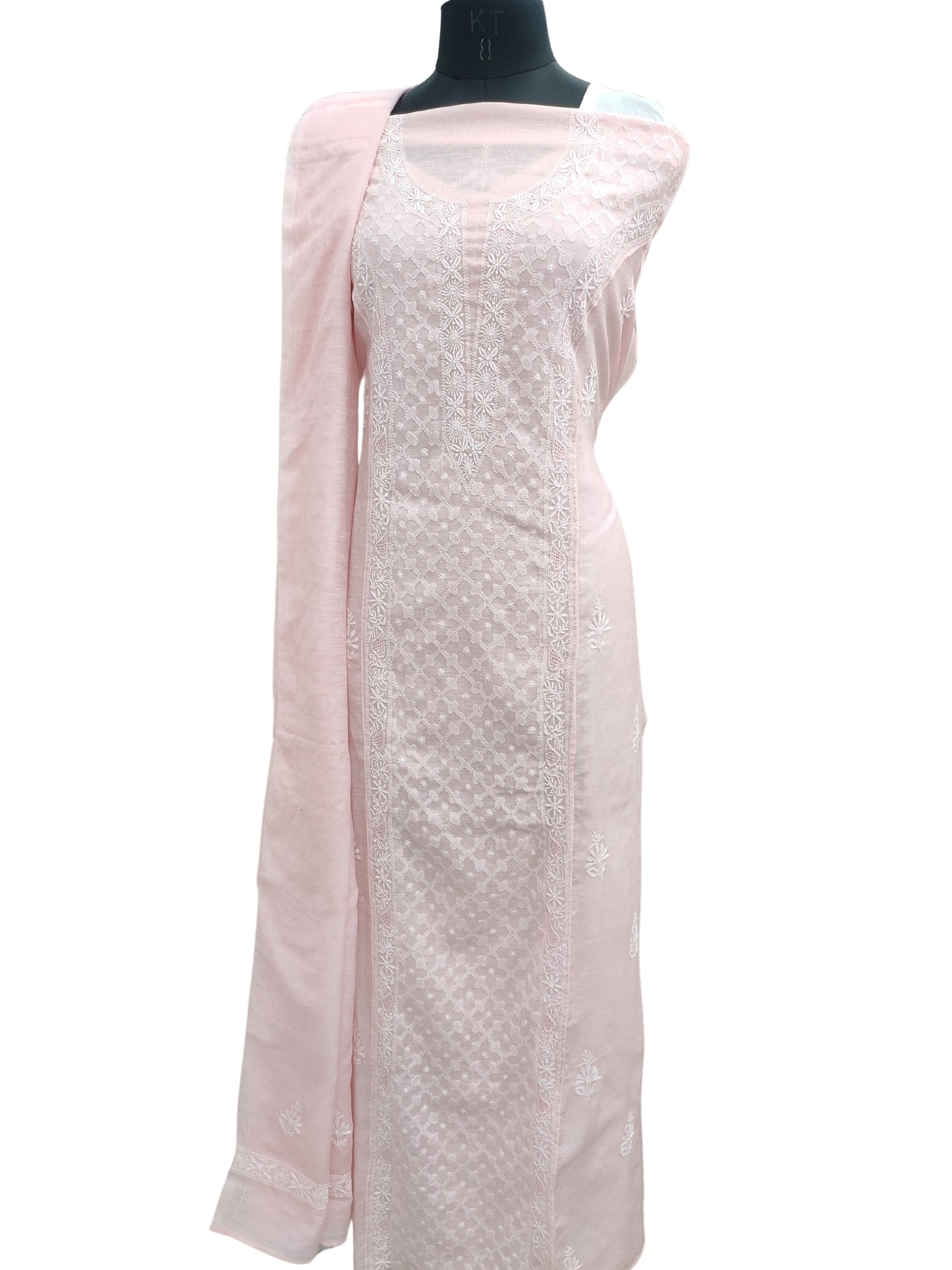 Shyamal Chikan Hand Embroidered Peach Lenin Lucknowi Chikankari semi stitched Suit Piece (Kurta Dupatta Set) - S25108