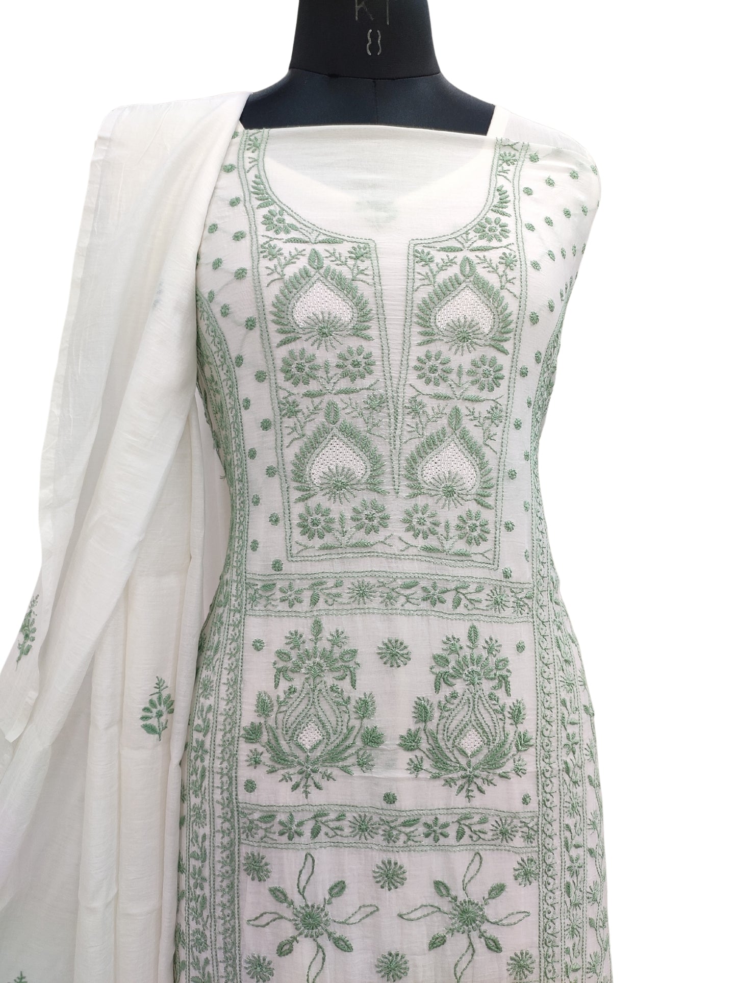 Shyamal Chikan Hand Embroidered White Mul Chanderi Lucknowi Chikankari Unstitched Suit Piece (Kurta Dupatta Set) - S24333