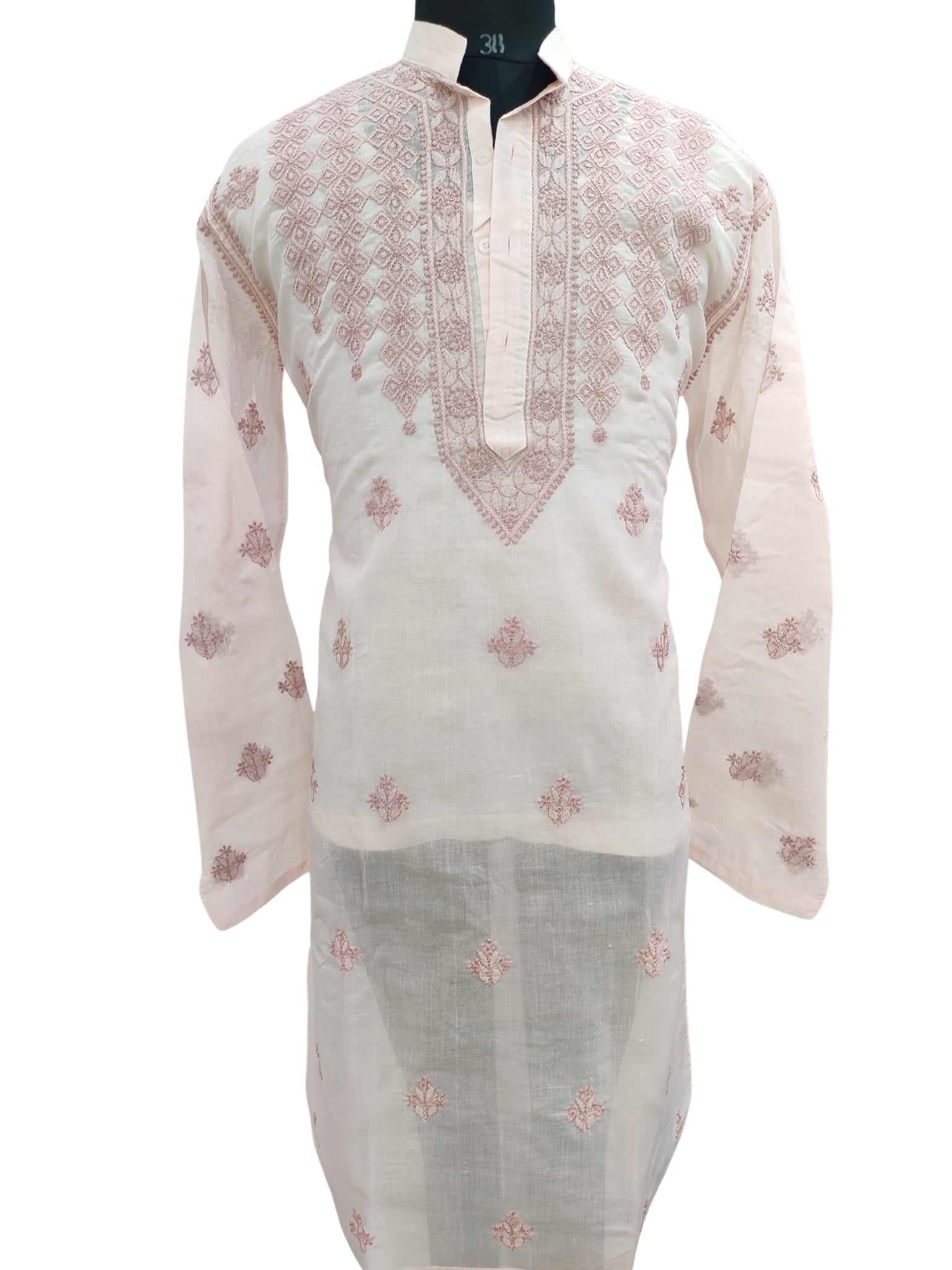 Shyamal Chikan Hand Embroidered Peach Cotton Lucknowi Chikankari Men's Kurta – S23588