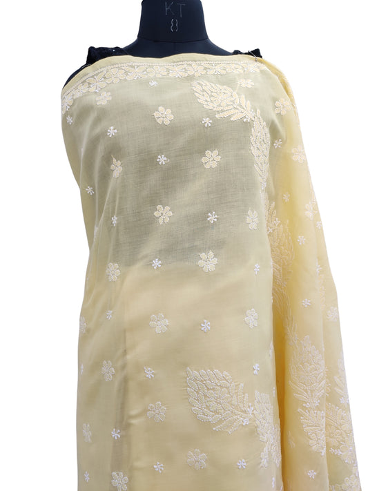 Shyamal Chikan Hand Embroidered Yellow Cotton Lucknowi Chikankari Saree With Blouse Piece- S22510