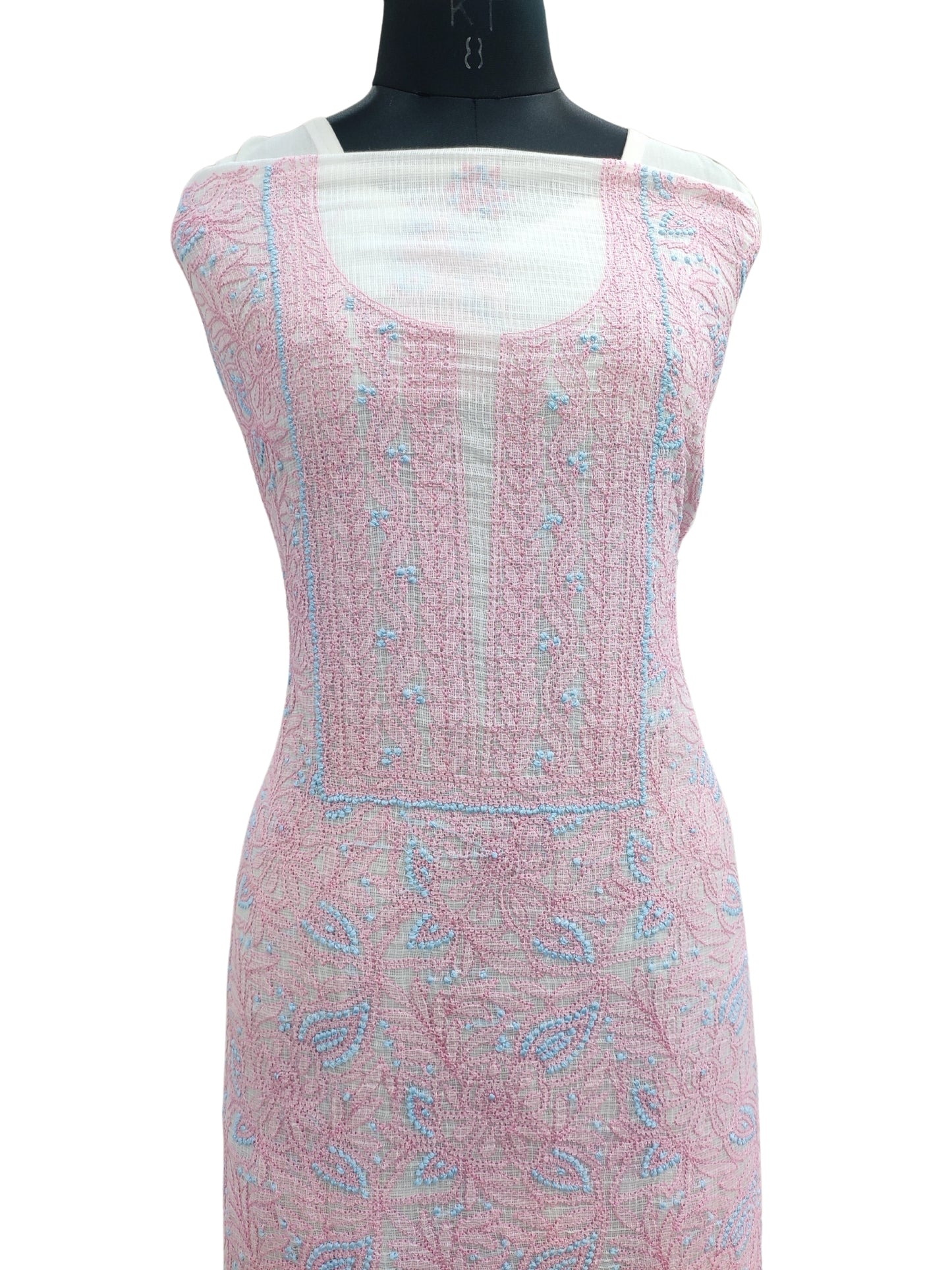 Shyamal Chikan Hand Embroidered Pink Kota Lucknowi Chikankari Unstitched Kurta Piece- 23844