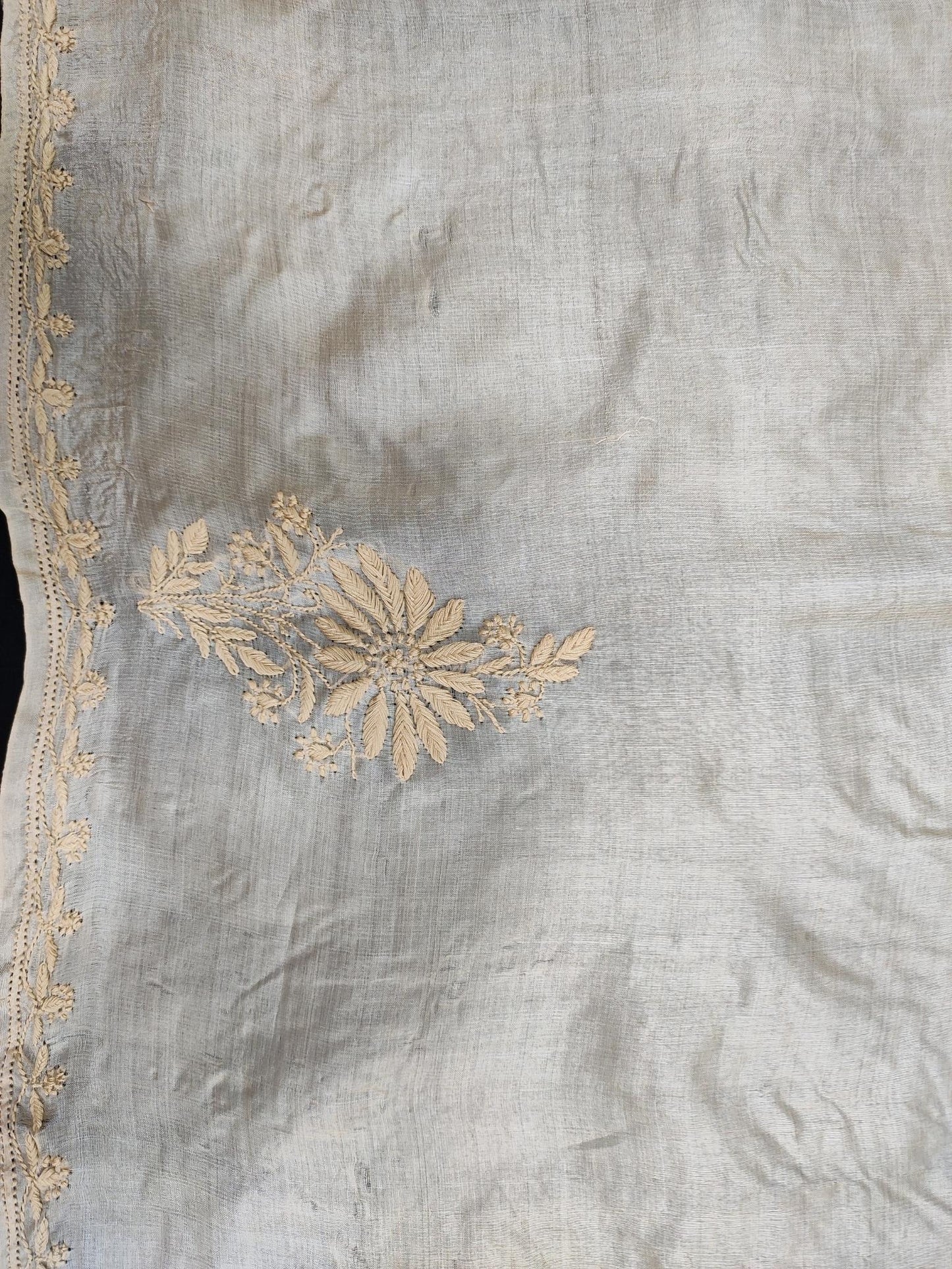 Shyamal Chikan Hand Embroidered Beige Pure Tusser Silk Lucknowi Chikankari Saree With Blouse Piece- S21296