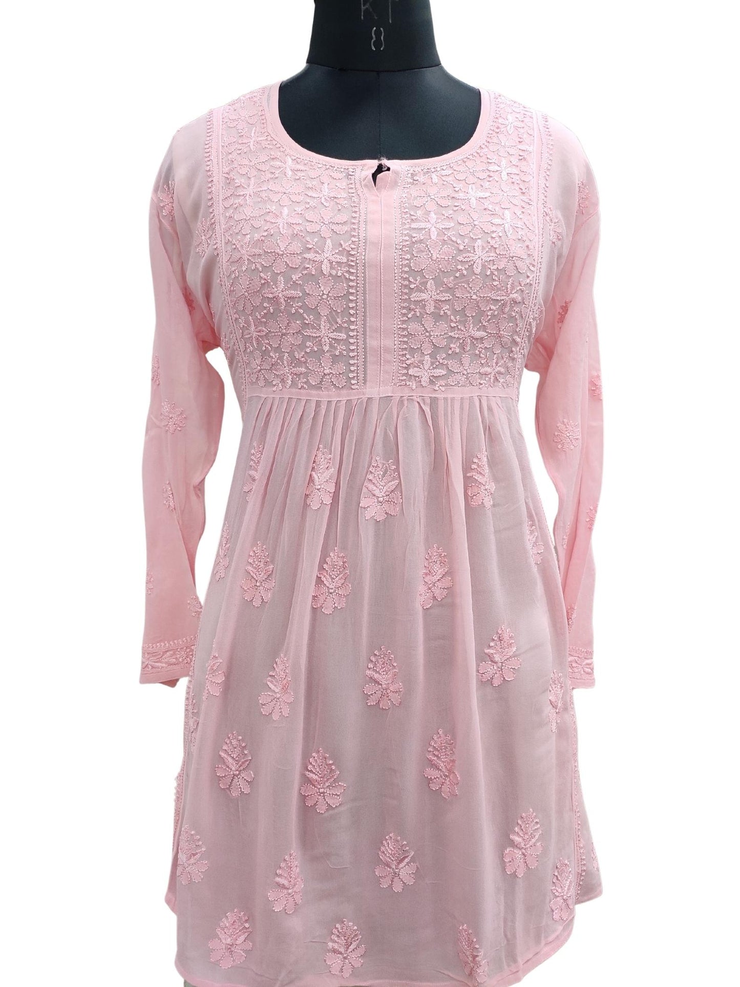 Shyamal Chikan Hand Embroidered Pink Viscose Georgette Lucknowi Chikankari Short Top - S20323