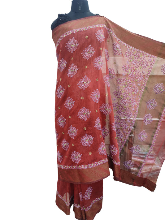 Shyamal Chikan Hand Embroidered Maroon Banarasi Lucknowi Chikankari Saree With Blouse Piece- S22353