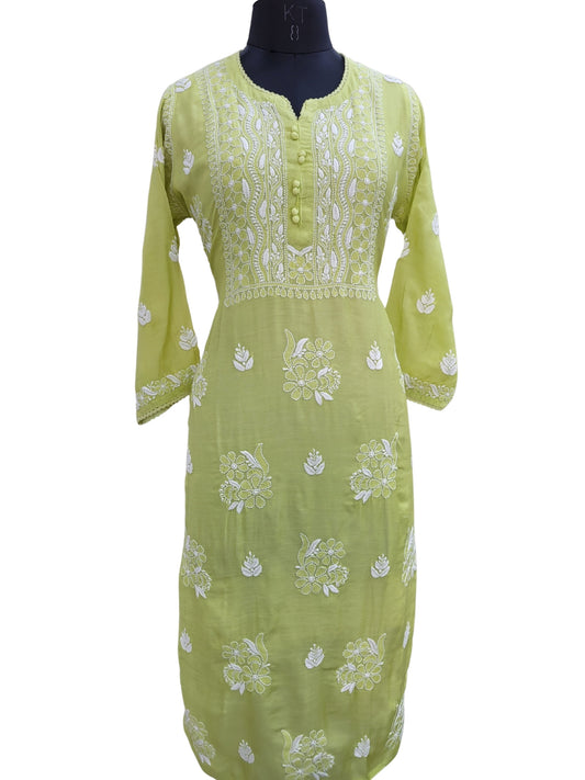 Shyamal Chikan Hand Embroidered Green Muslin Lucknowi Chikankari Kurti - S24267