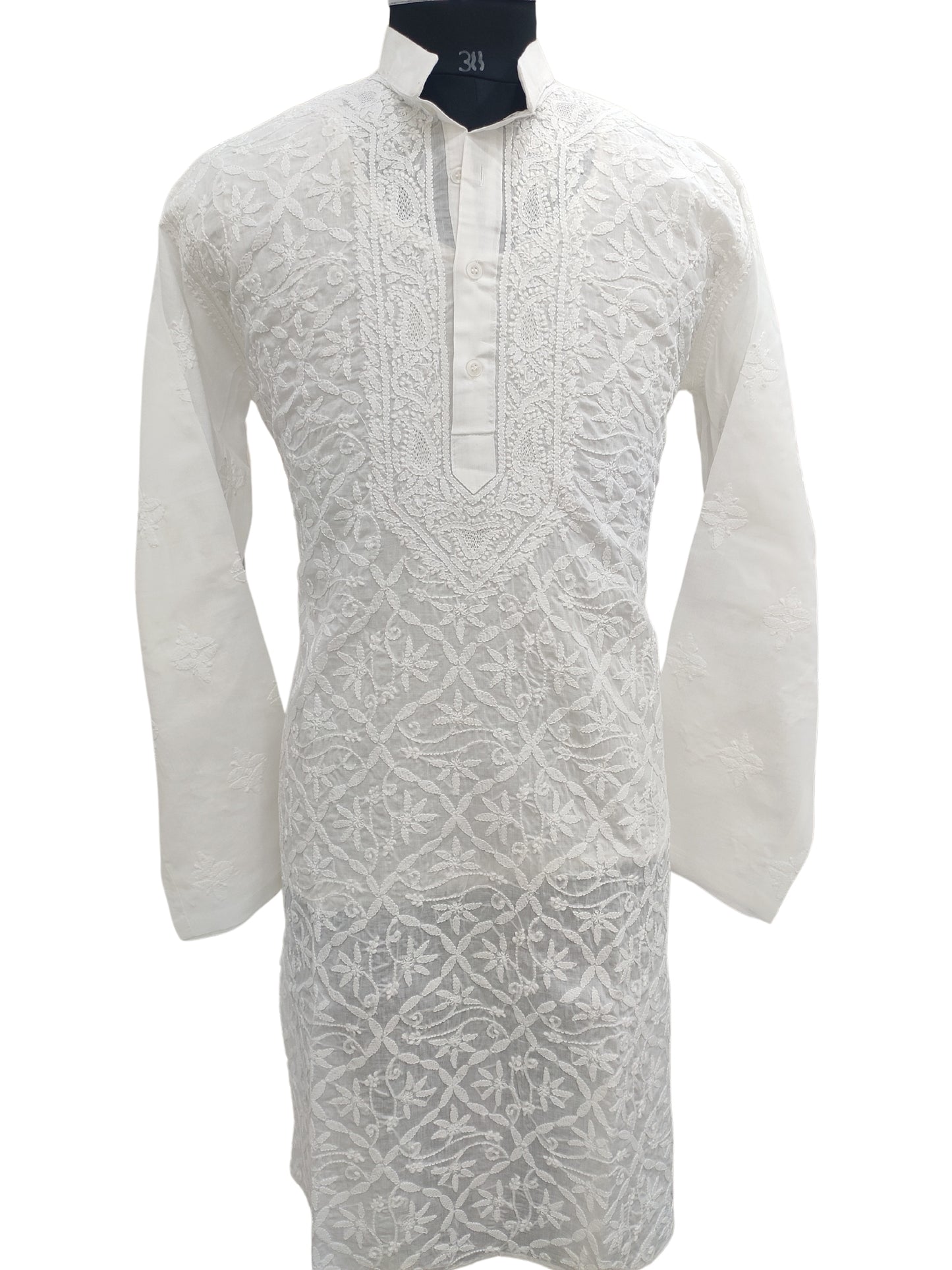 Shyamal Chikan Hand Embroidered White Cotton Lucknowi Chikankari Men's Kurta –S24618