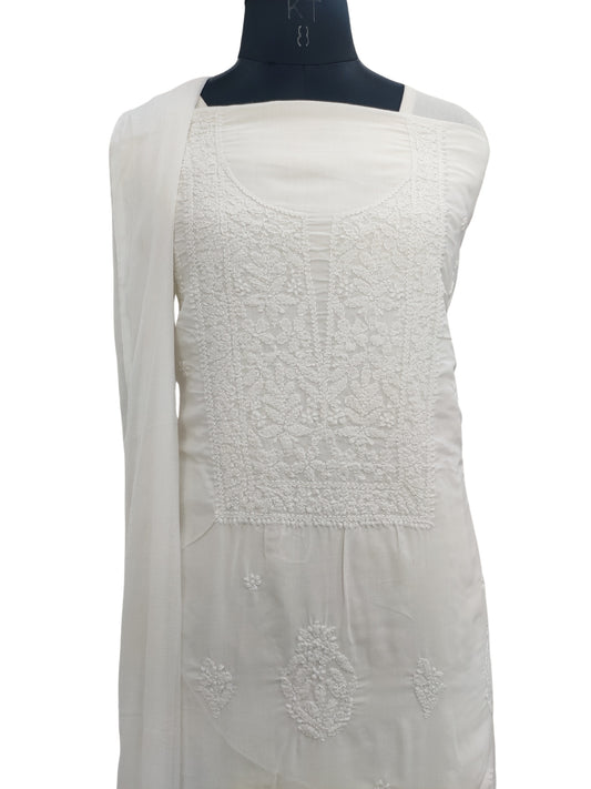 Shyamal Chikan Hand Embroidered White Cotton Lucknowi Chikankari Unstitched Suit Piece - S24188