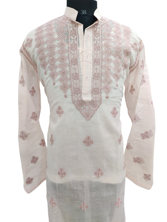 Shyamal Chikan Hand Embroidered Peach Cotton Lucknowi Chikankari Men's Kurta – S23588